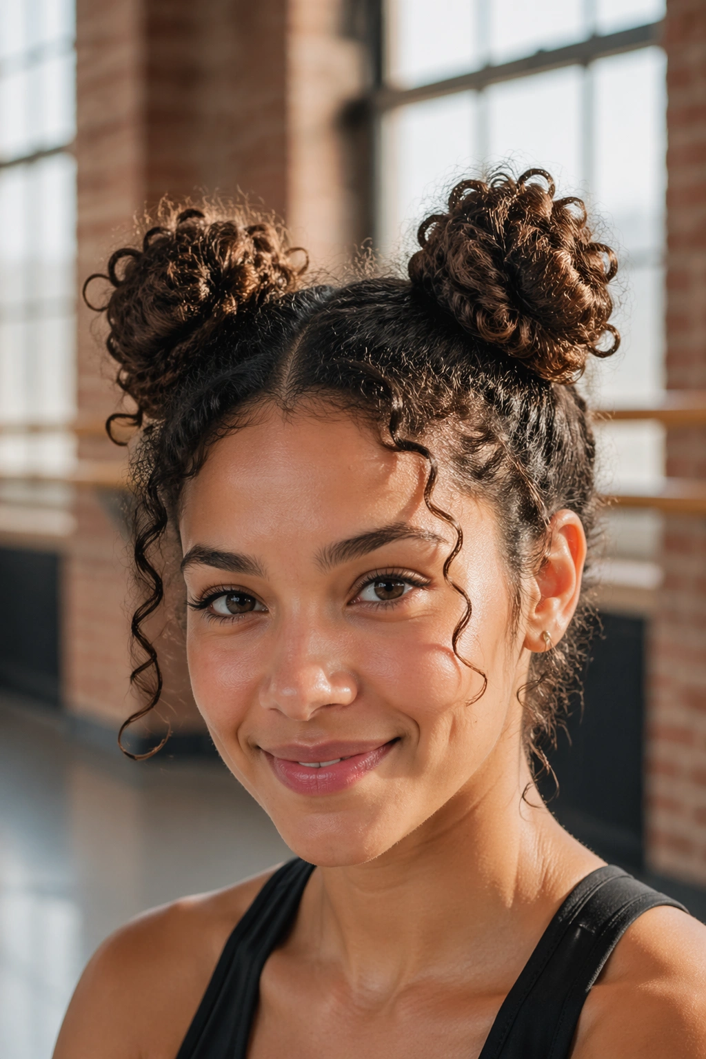 Close-up of space buns on curly hair on a real person