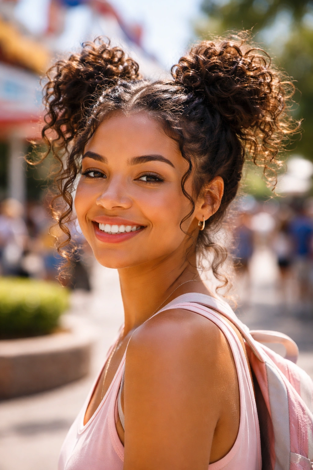 Close-up portrait of a real person with two space buns on a sunny theme park day