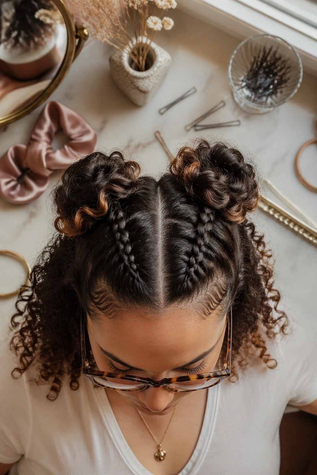 Overhead flat-lay of space buns with curly ends and styling tools.