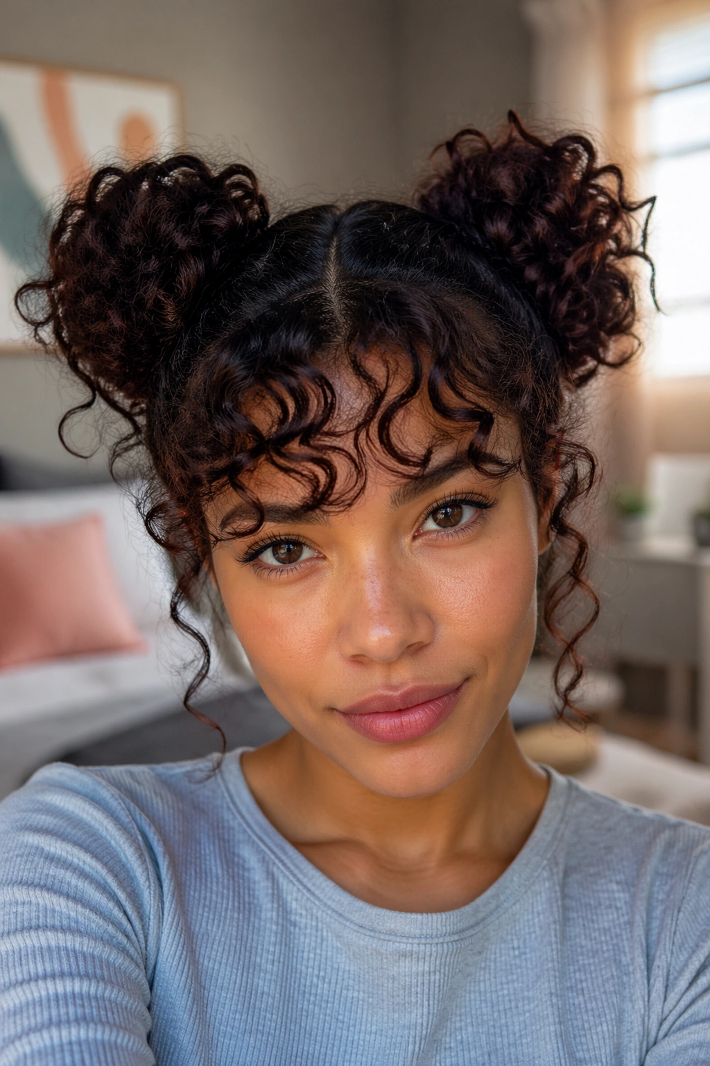 Close-up of a real woman with double space buns and curly bangs, natural window light.