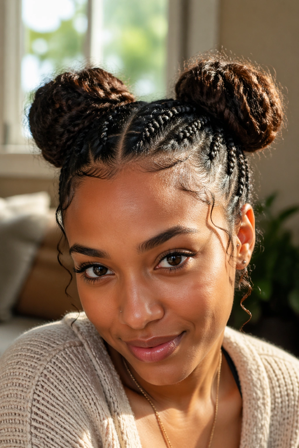 Close-up of a real woman with braided space buns in a sunlit living room