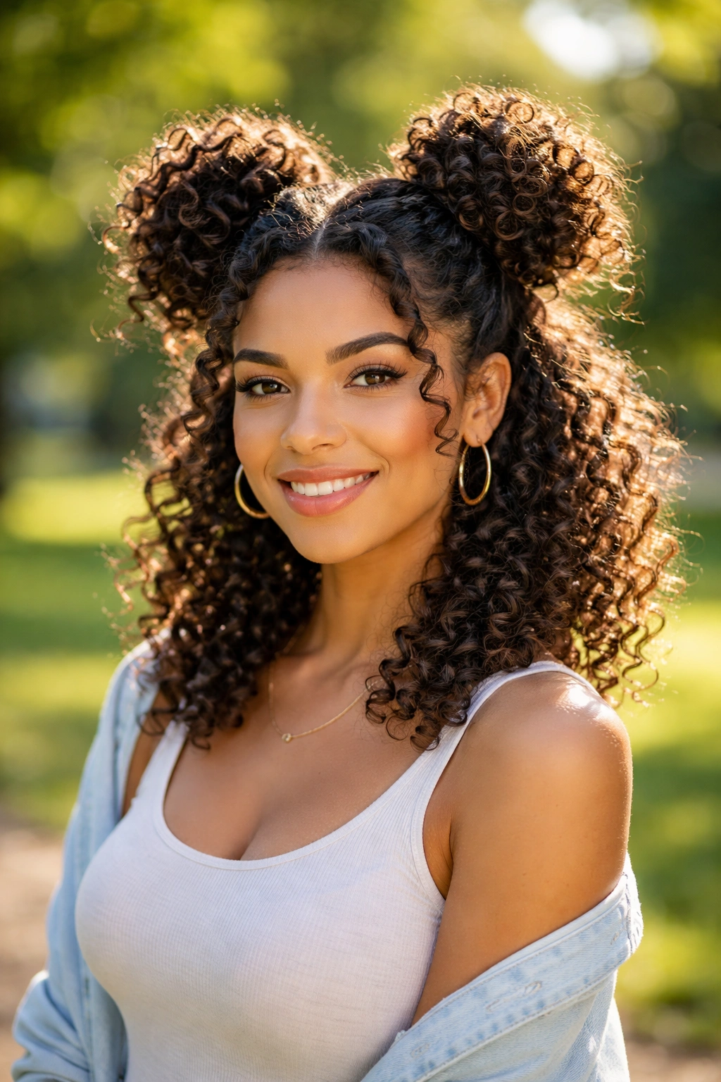 Mid-shot portrait of a real woman with space buns and curly texture