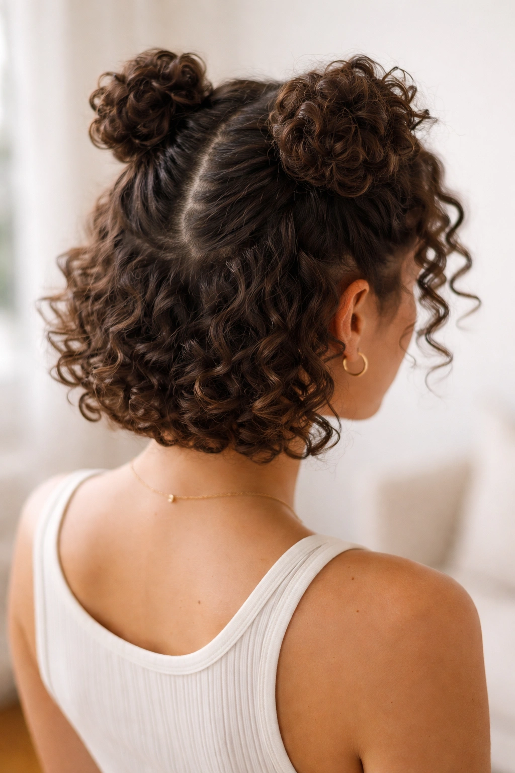 Double mini space buns on short curly hair highlighted by top-of-head buns
