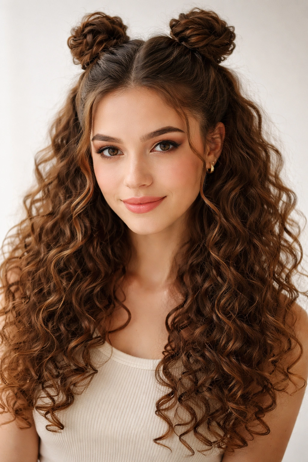 Twisted front sections formed into two small space buns with loose curls