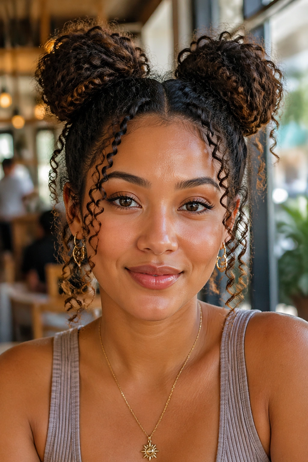 Real woman with space buns and curly ends, shown in a bright cafe setting
