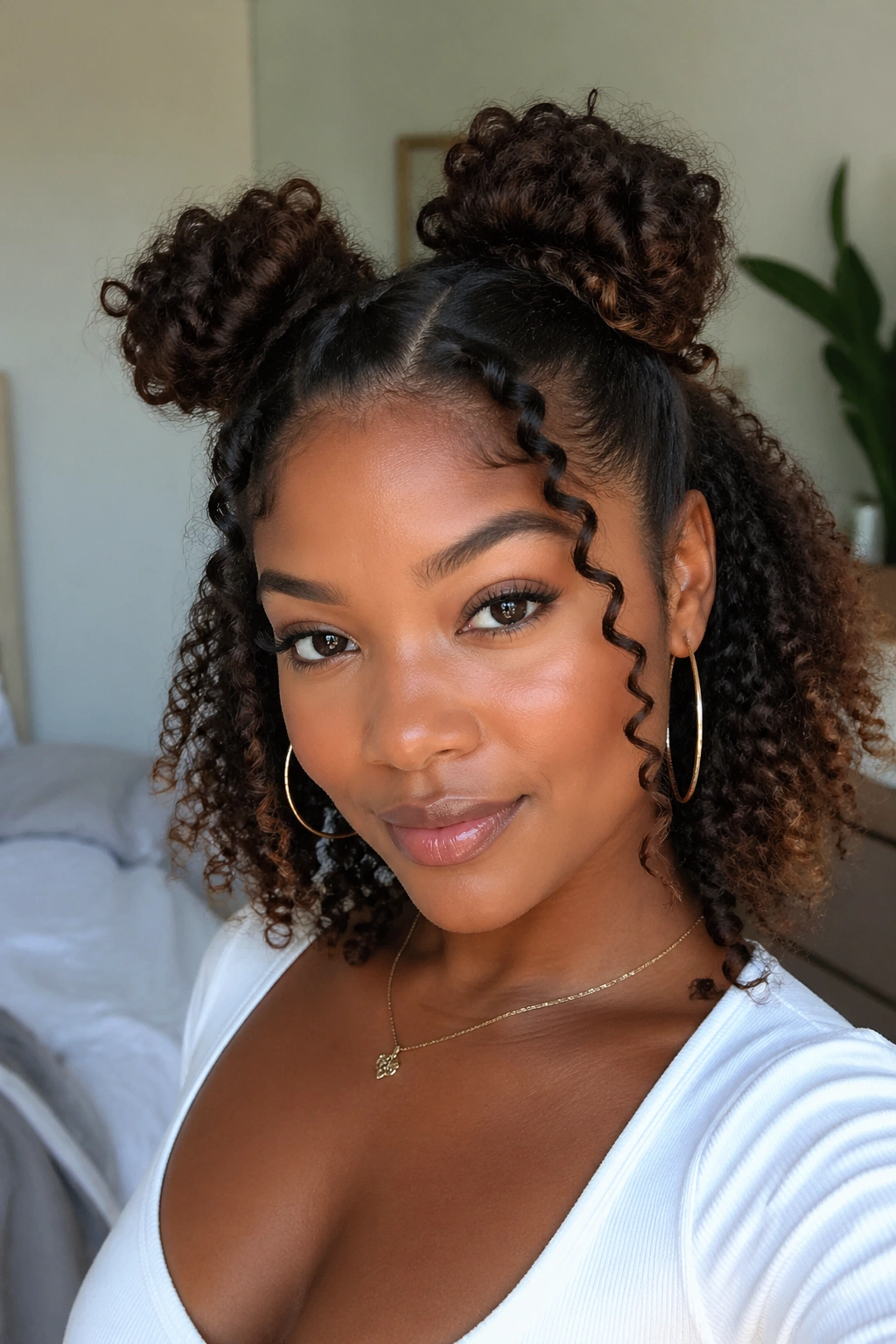 Portrait of a woman with space buns and curly ends in a playful, bright setting.