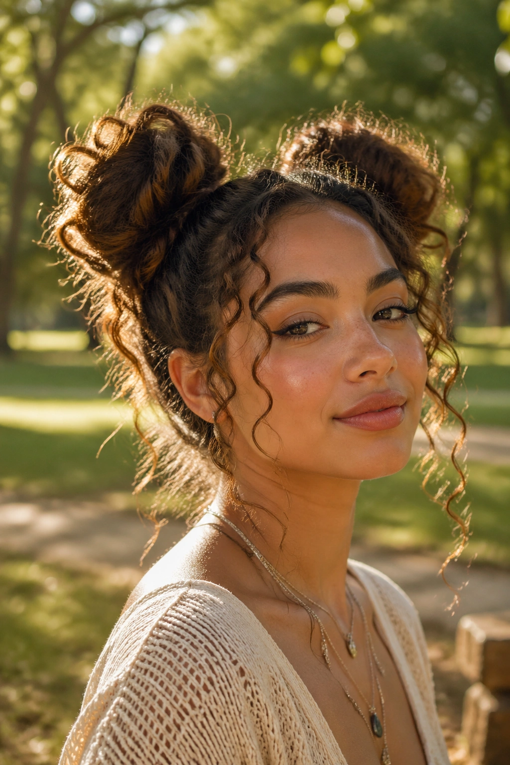 Close-up of a real woman with two loose space buns and escaping curls in a sunlit outdoor park.
