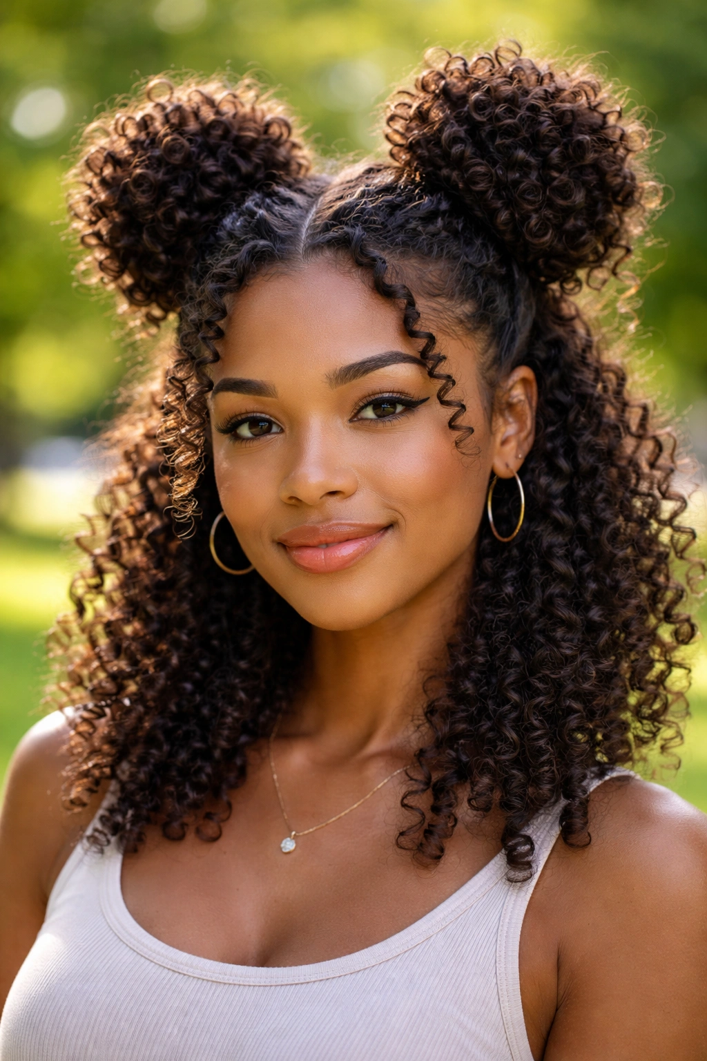 Close-up of a real person with two space buns on curly natural hair outdoors.