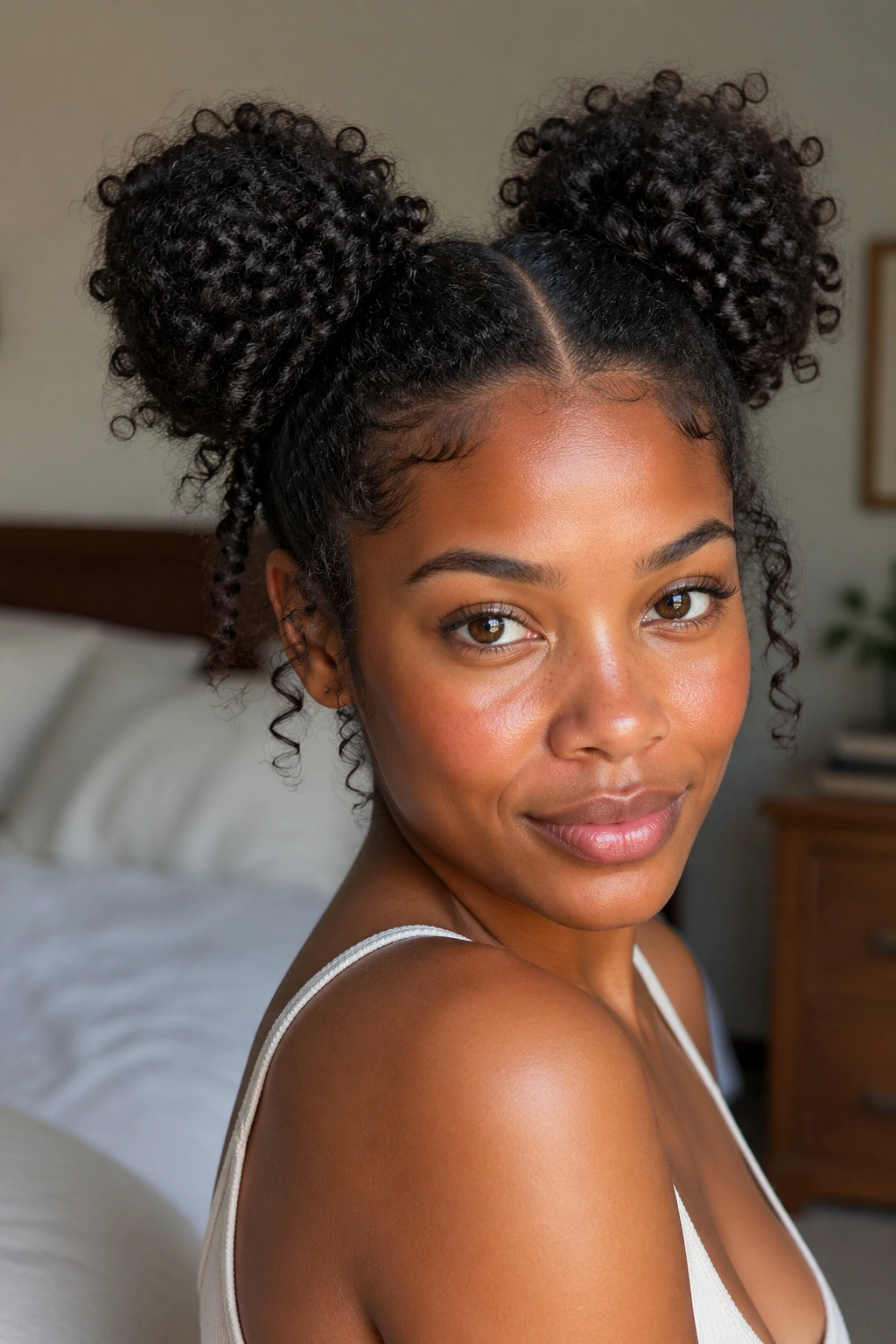 Close-up of real woman with two high space buns on curly hair in a cozy bedroom