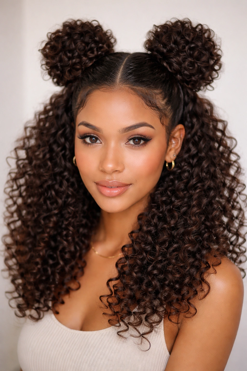 Two high space buns on defined curls with surrounding loose texture