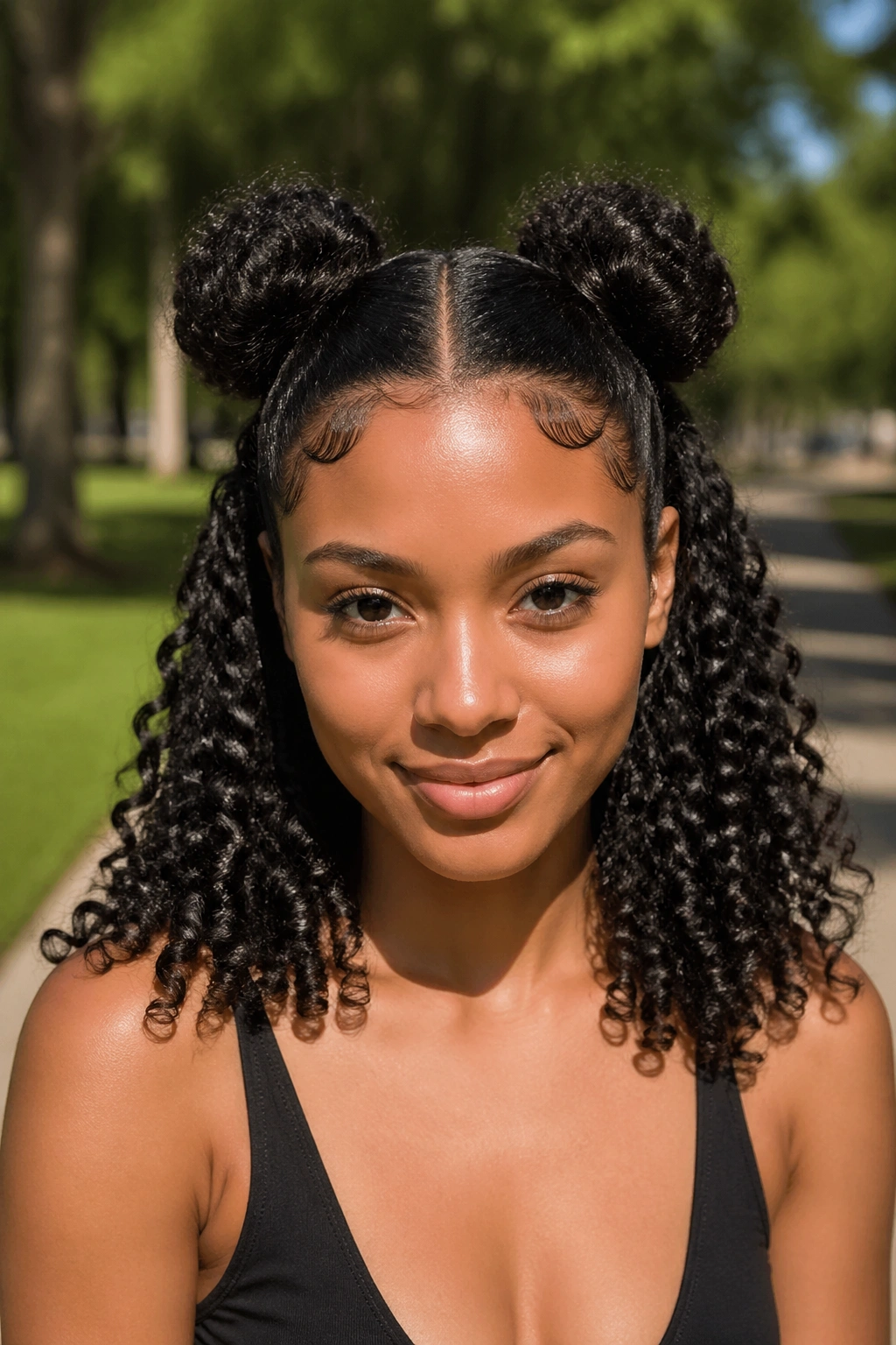 Close-up of space buns with defined curls beneath on a real person outdoors in daylight.