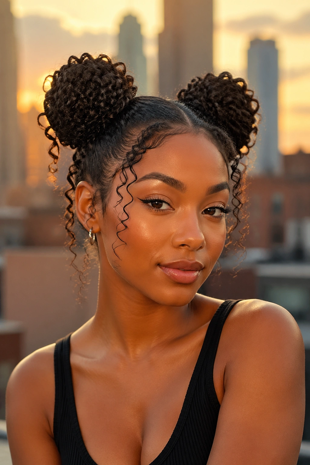 Close-up portrait of a real woman with two high gel-defined space buns.
