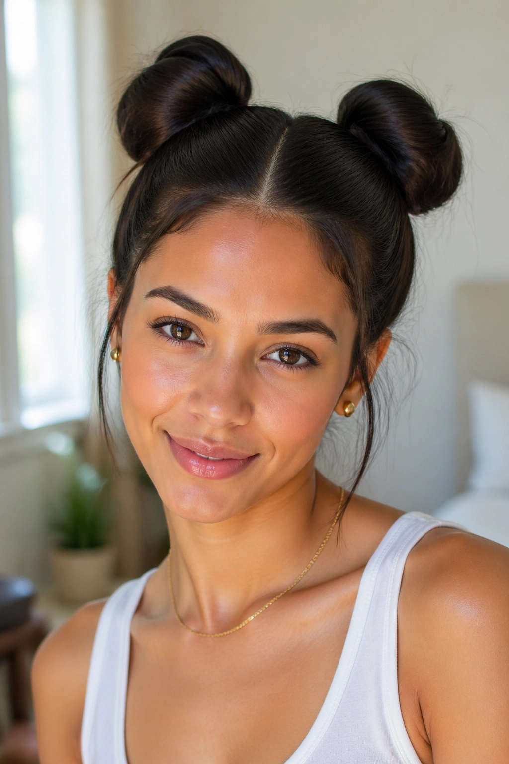 Close-up of a real person with two space buns on top of the head