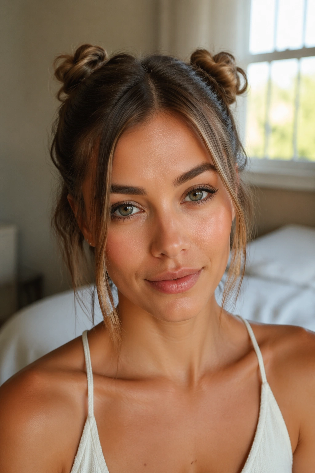 Close-up of a real woman wearing double space buns on the crown in a cozy bedroom