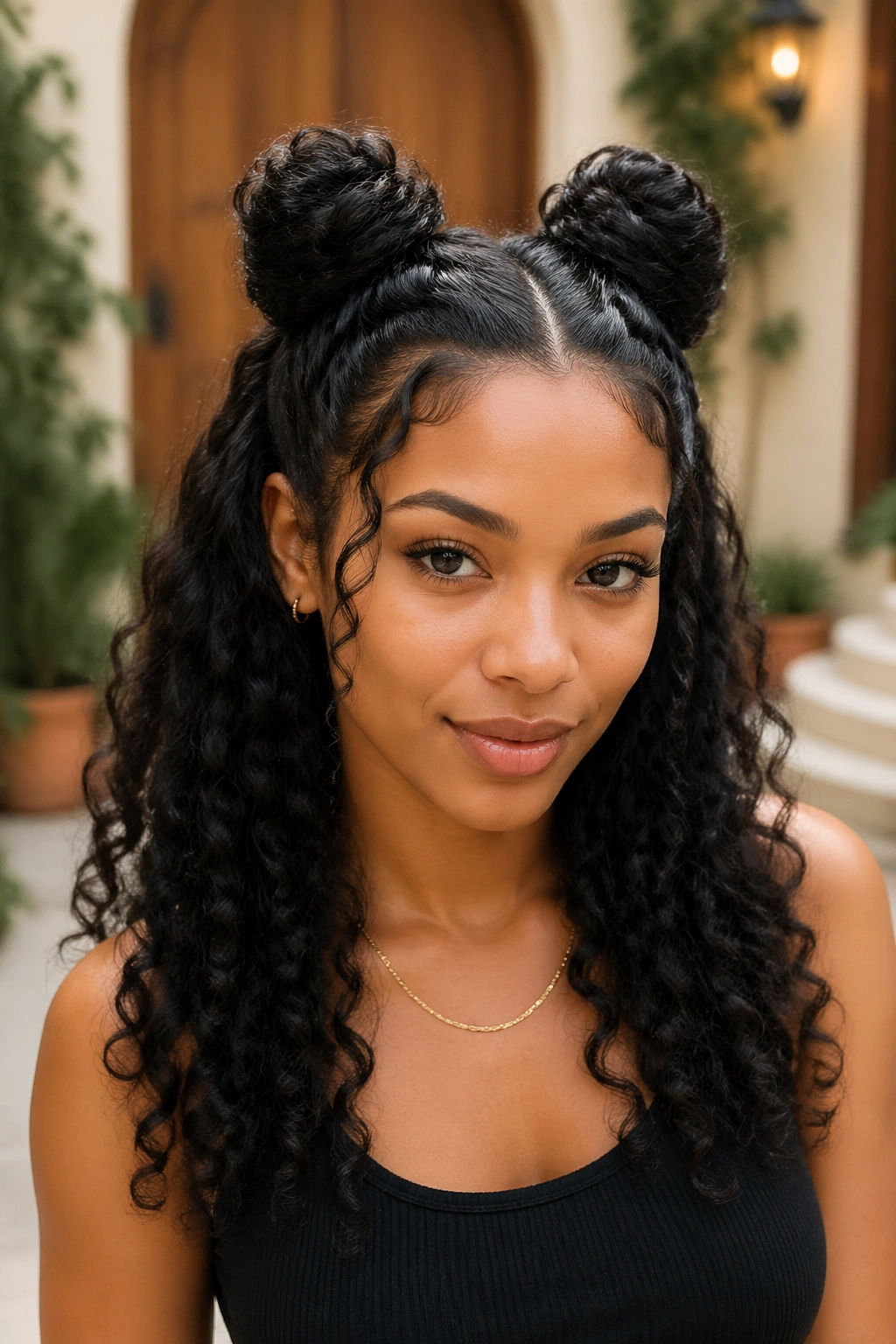 Close-up of real woman with two high space buns and loose curls