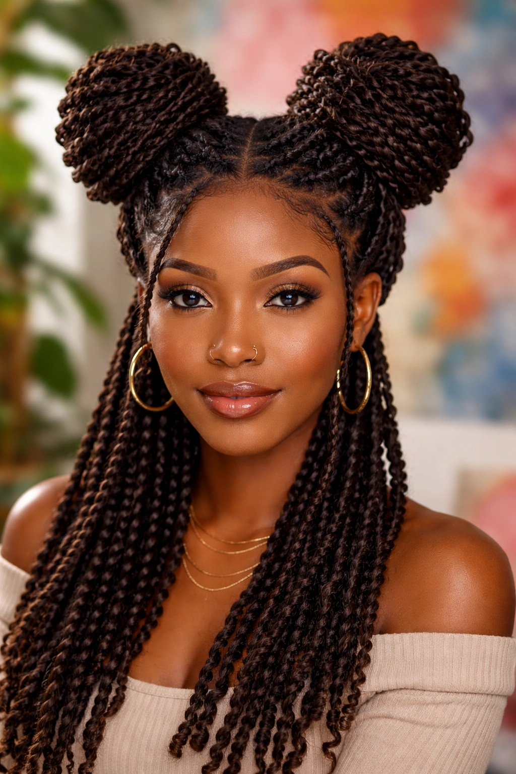 Front portrait of two high space buns made from kinky twists