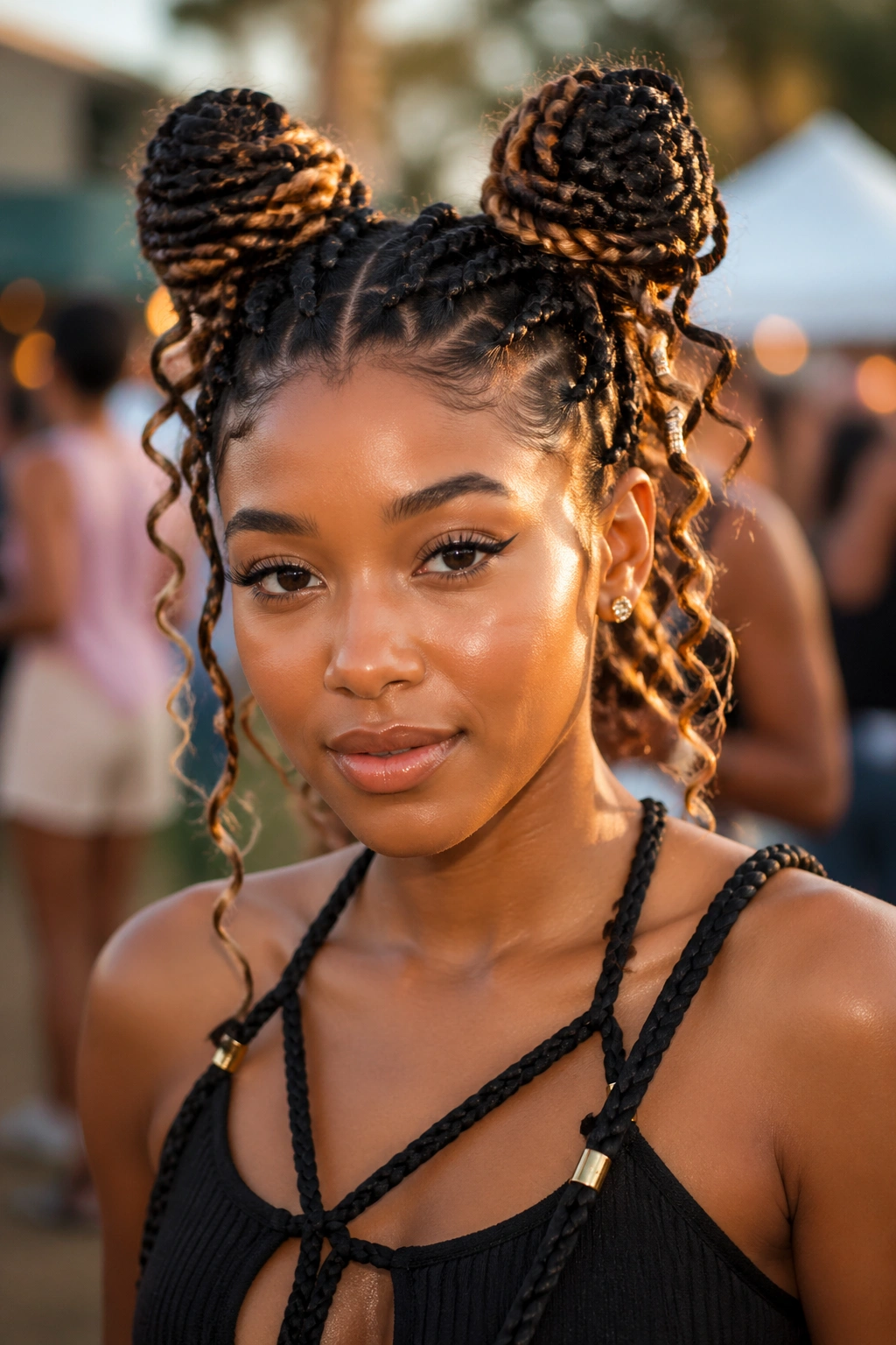 Space buns knotless braids with curls on a real person