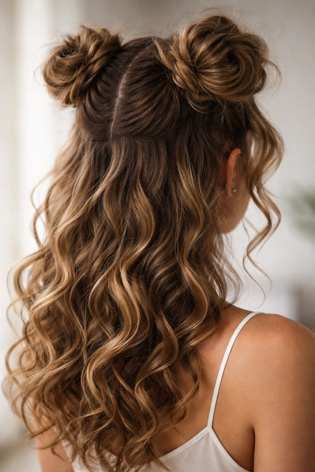 Close-up of space buns with loose curls framing the neck in studio light