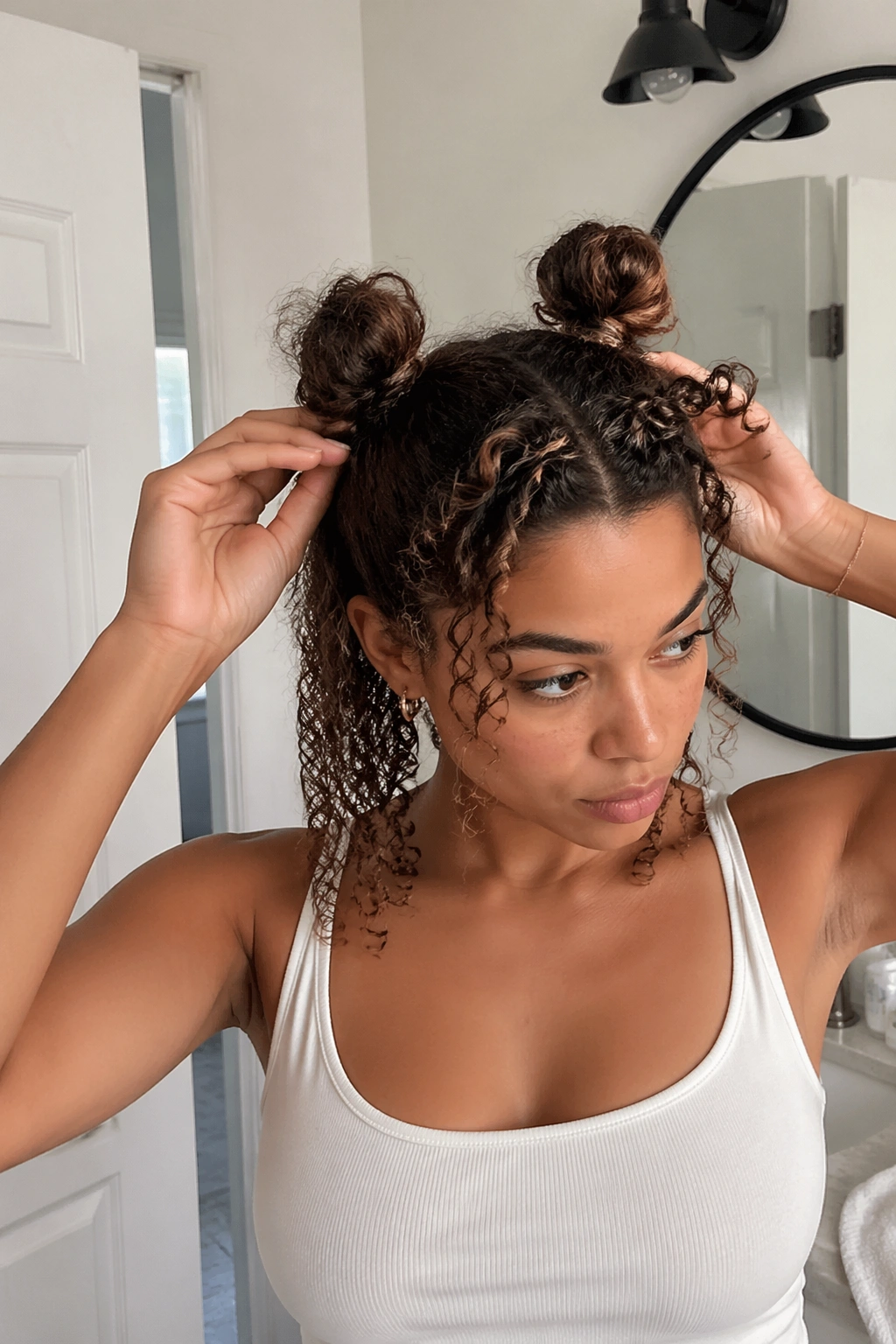 Candid hands adjust mini space buns with loose ends in bright vanity.