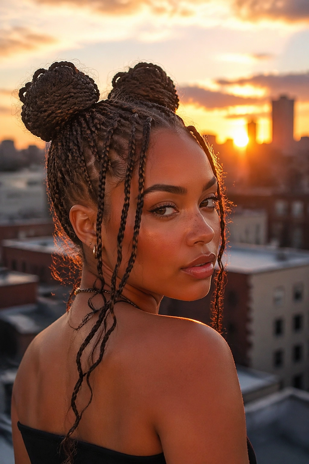 Hero shot of micro braided space buns with a city rooftop sunset.