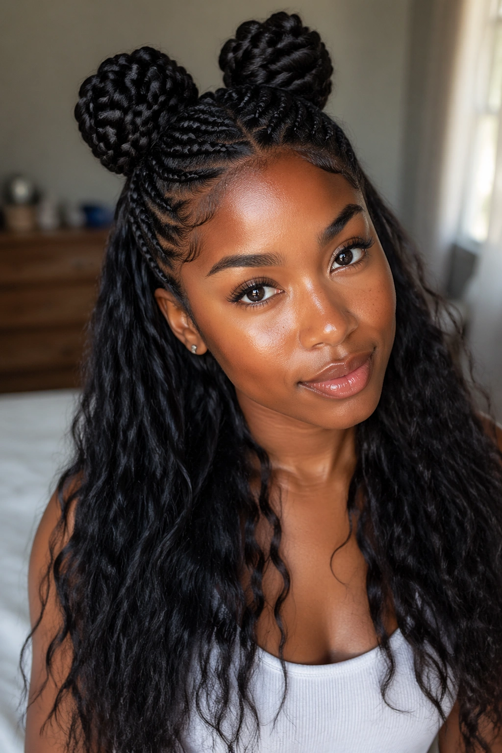 Close-up of a real woman with braided space buns above flowing ends in soft bedroom light