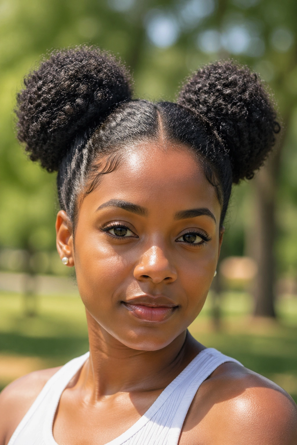 Close-up portrait of a real Black woman with space buns on natural 4C hair outdoors in sunlight