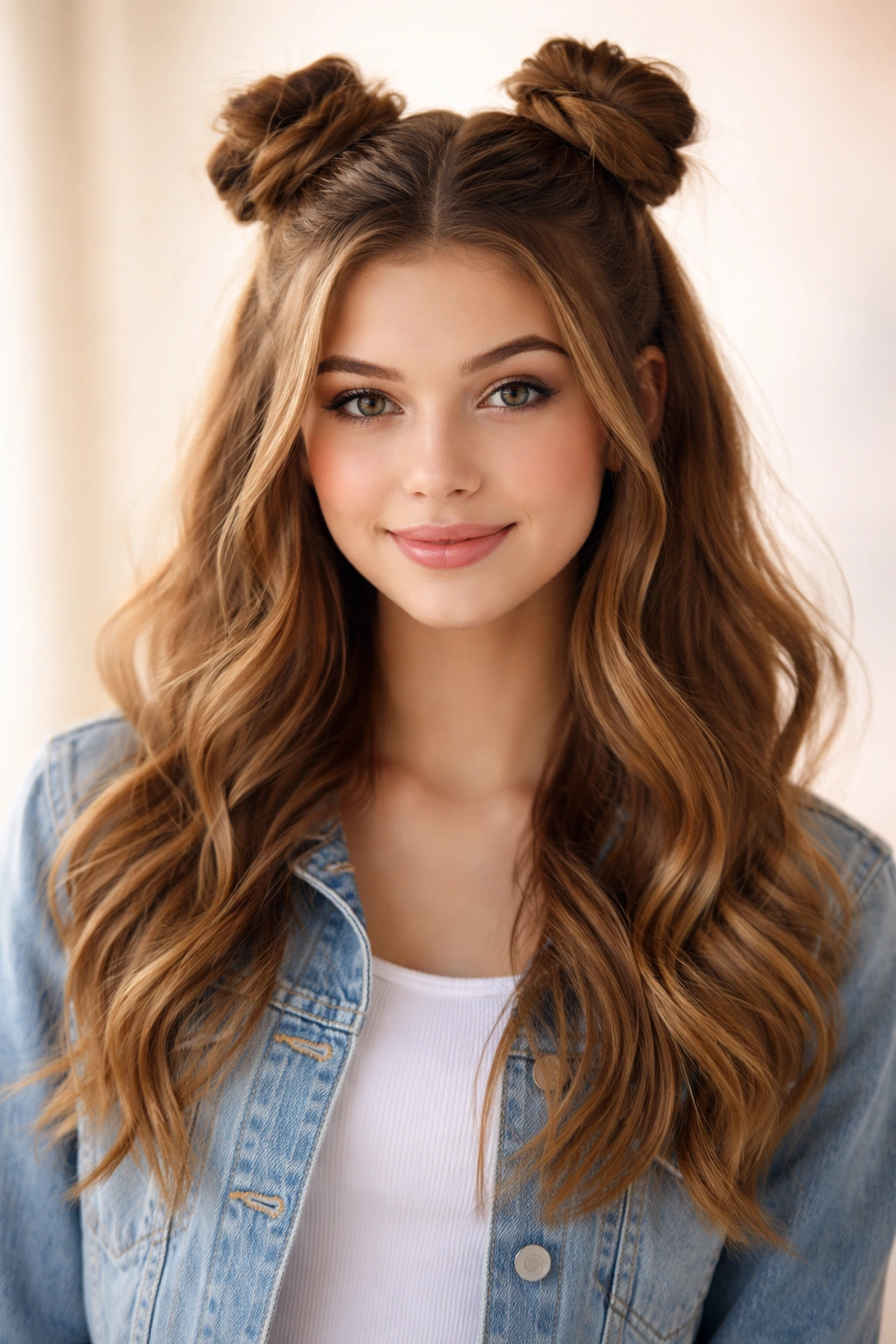 Center-parted hair with two space buns and loose hair down.