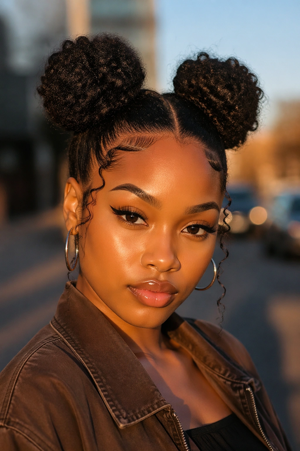 Portrait of person with space buns on natural hair outdoors at golden hour