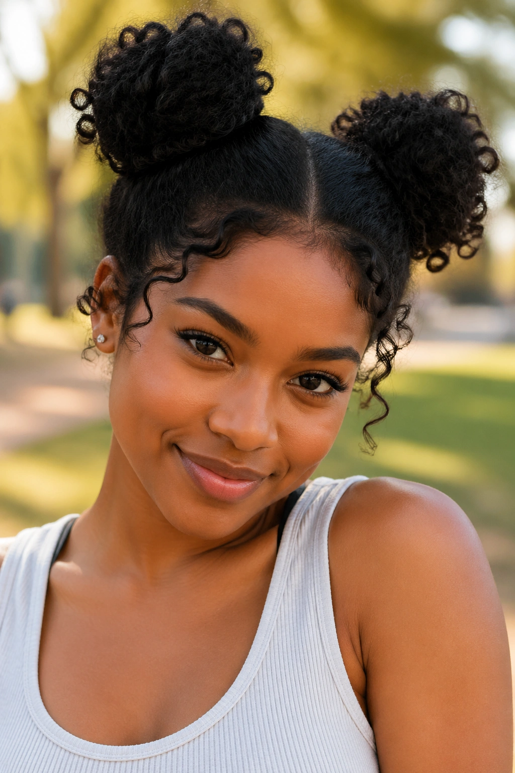 Close-up of a real woman with two fluffy space buns on top of her head