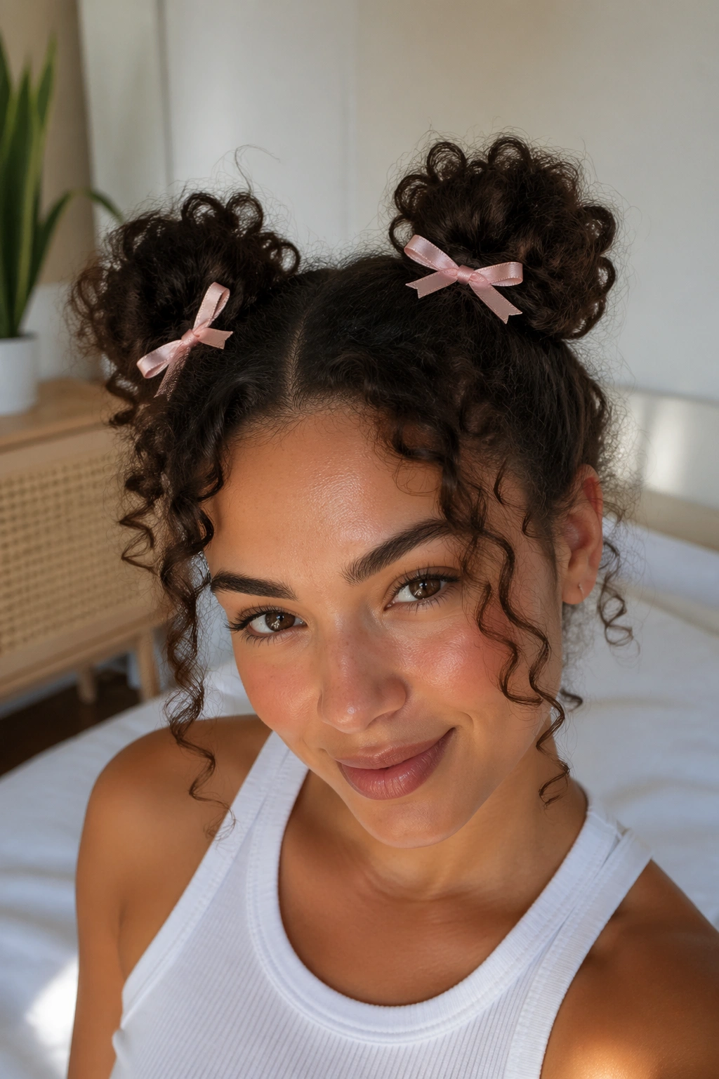 Close-up of a real woman with space buns and mini ribbon bows in curly hair.