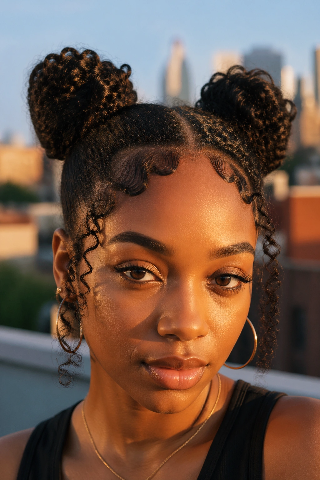 Close-up of a real person with two space buns and curling edges.