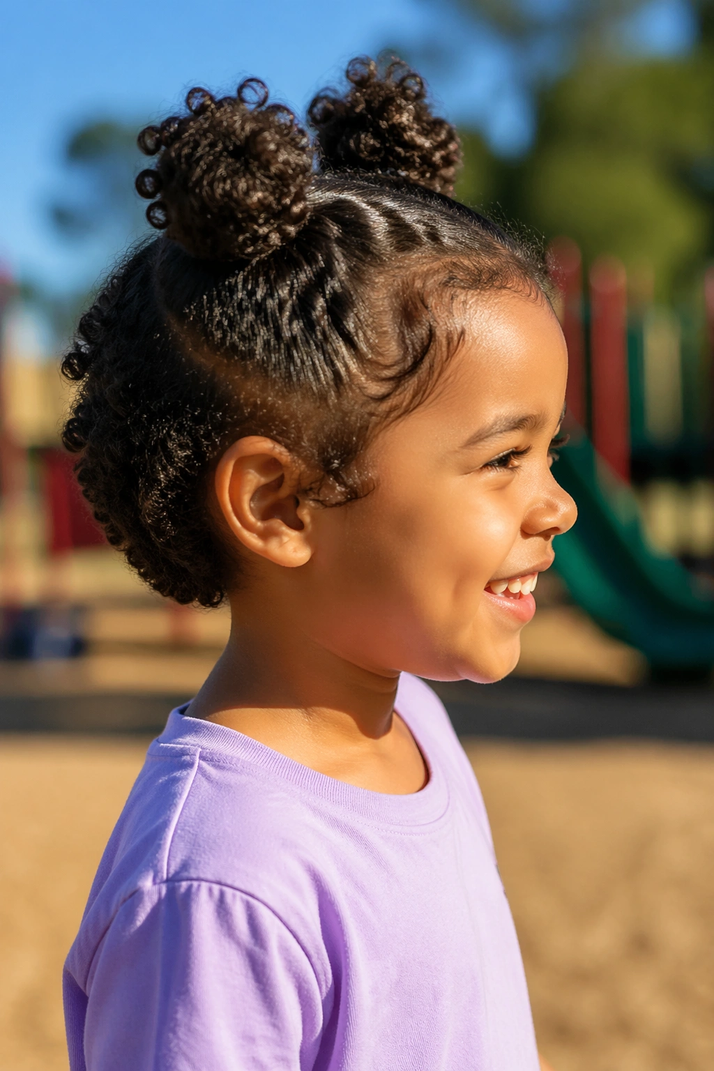 Side profile of space buns on short curls in playground.