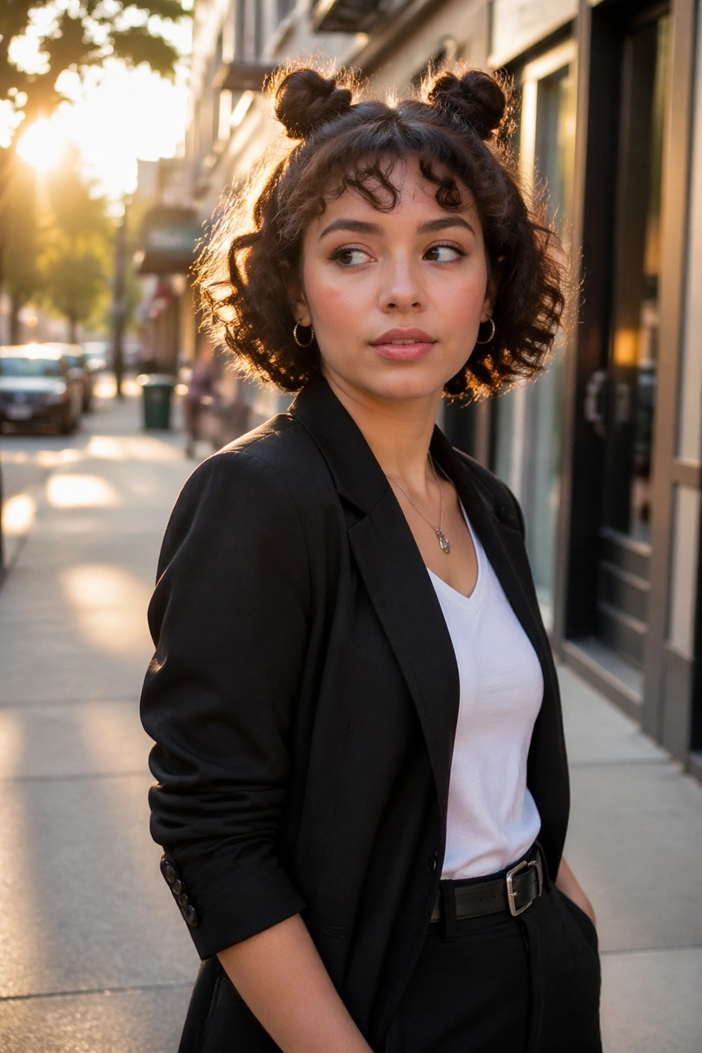 Hero shot of small space buns on short curly hair in city street.