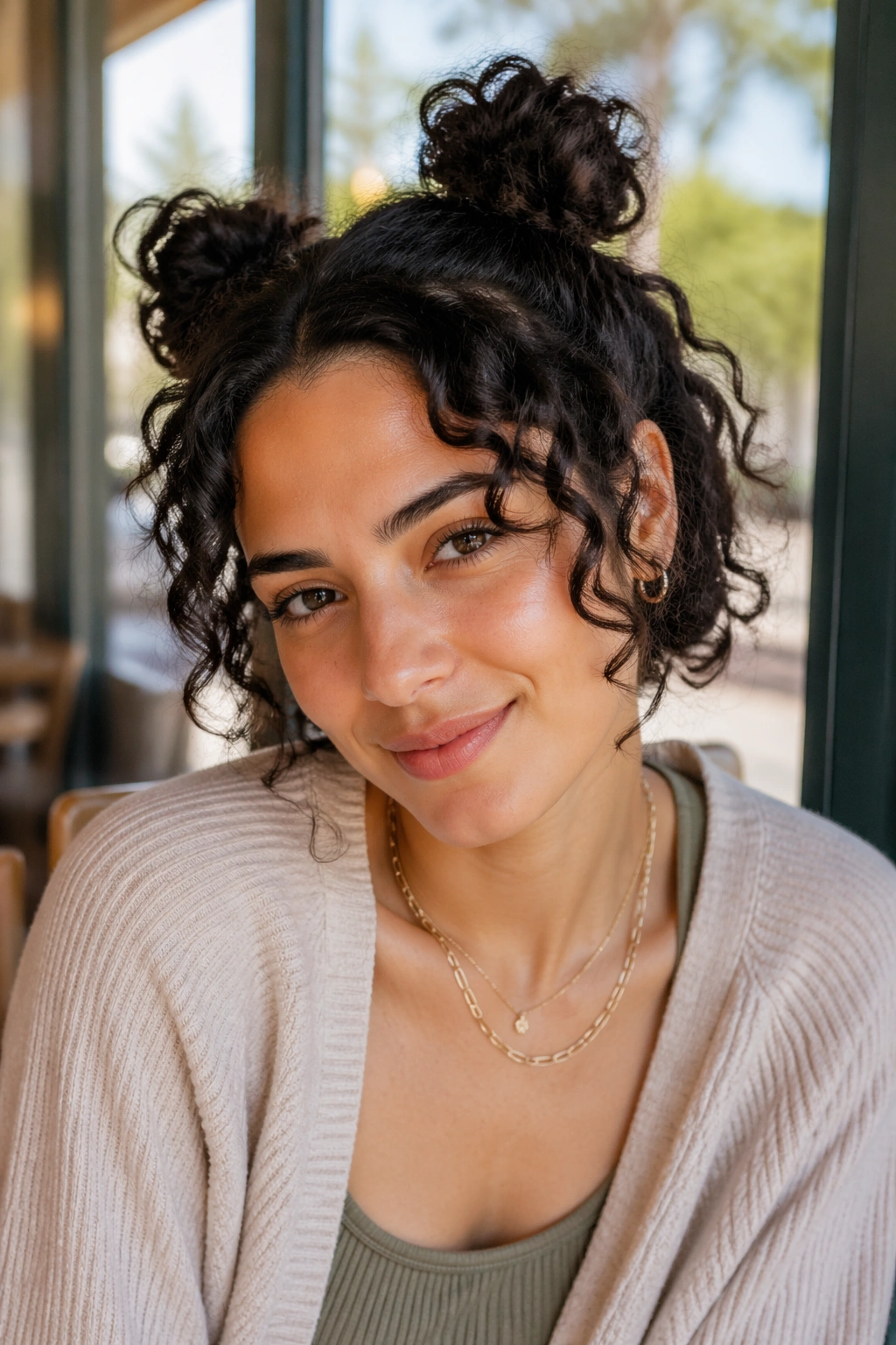 Close-up of a real woman with two small space buns on short curls.