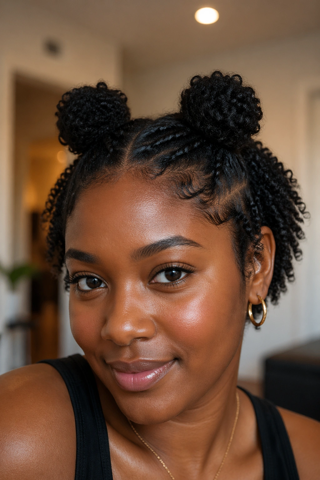 Close-up of a real Black woman with space buns on short natural hair