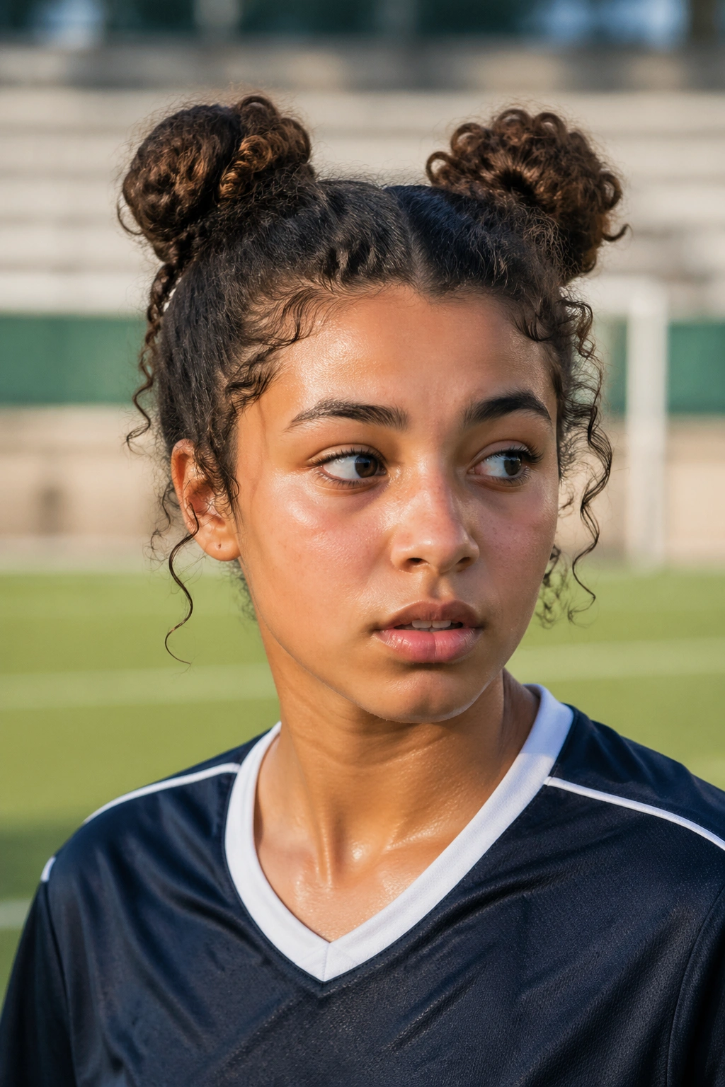 Close-up of real athlete with two space buns on a field