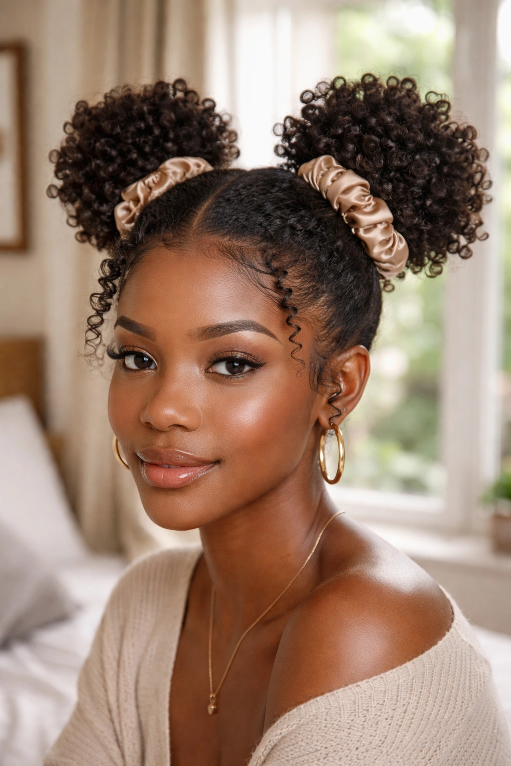 Close-up of sponge curl space buns on a real person with two high buns and visible coils.