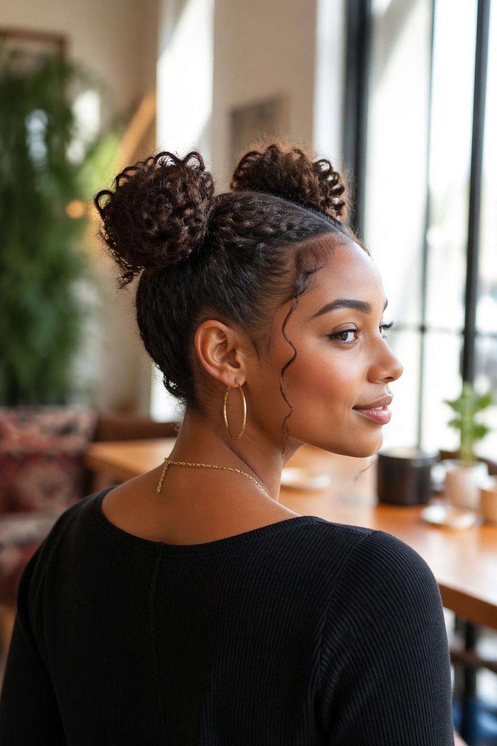 Side profile of space buns with tucked ends
