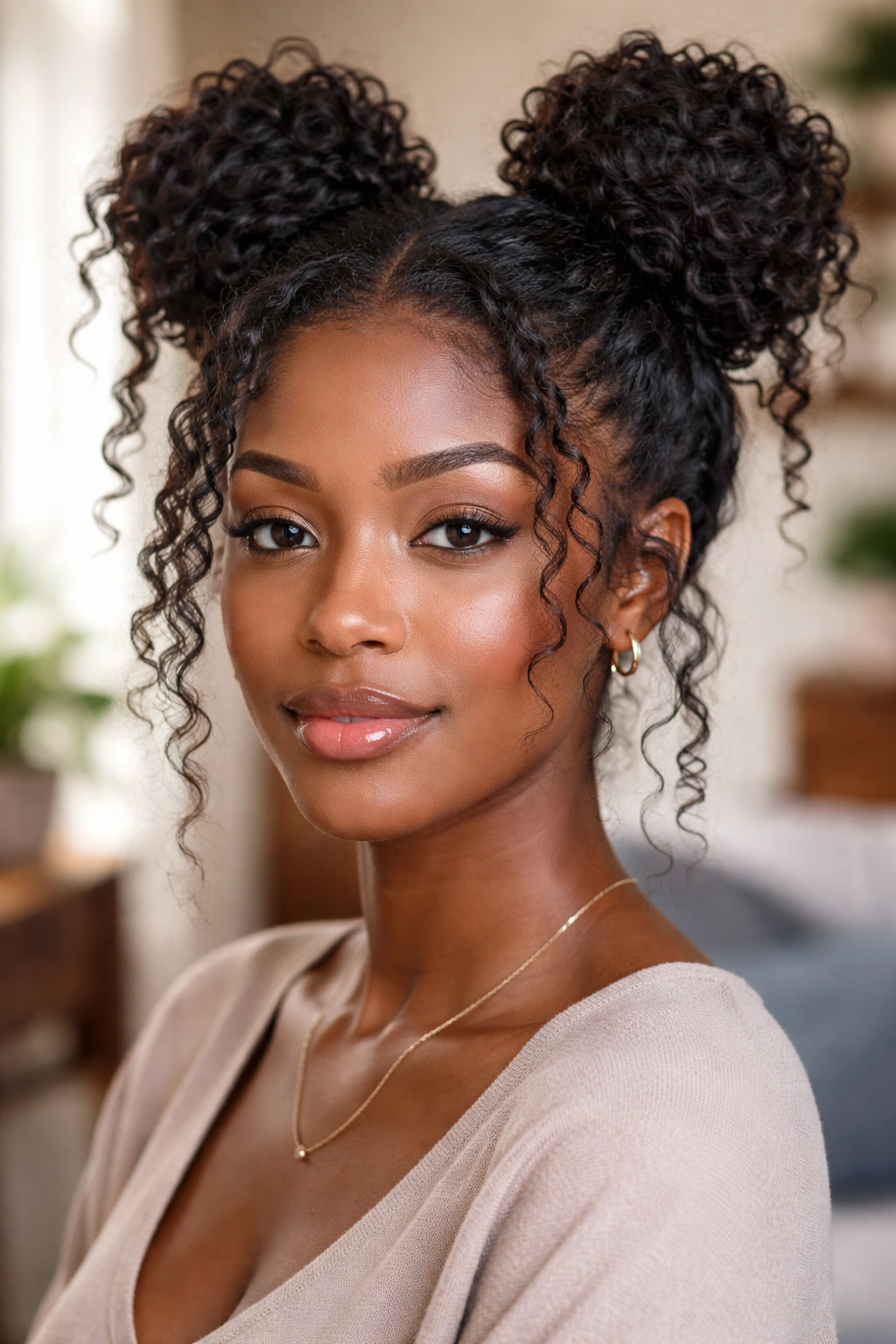 Portrait of a person with space buns on a twist-out hairstyle