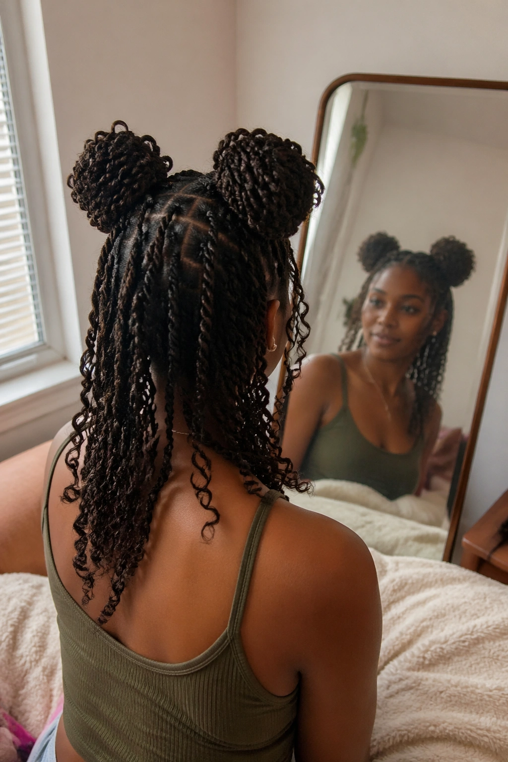 Space buns with hanging twists in mirror