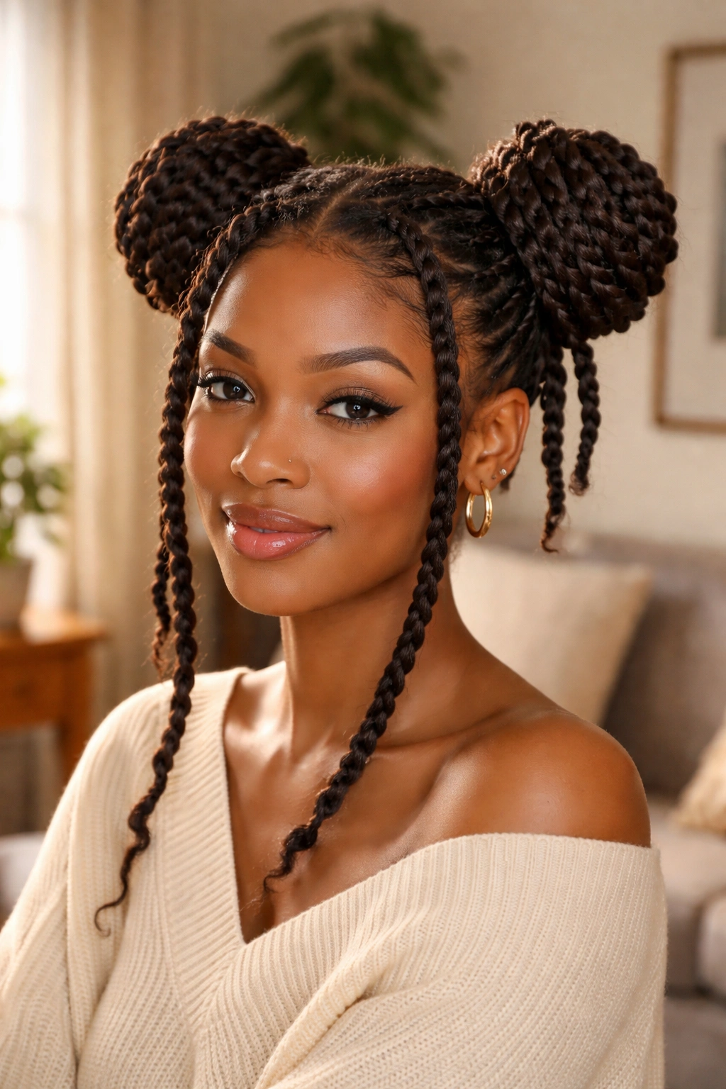 Real person with twist braids styled into space buns at the temples