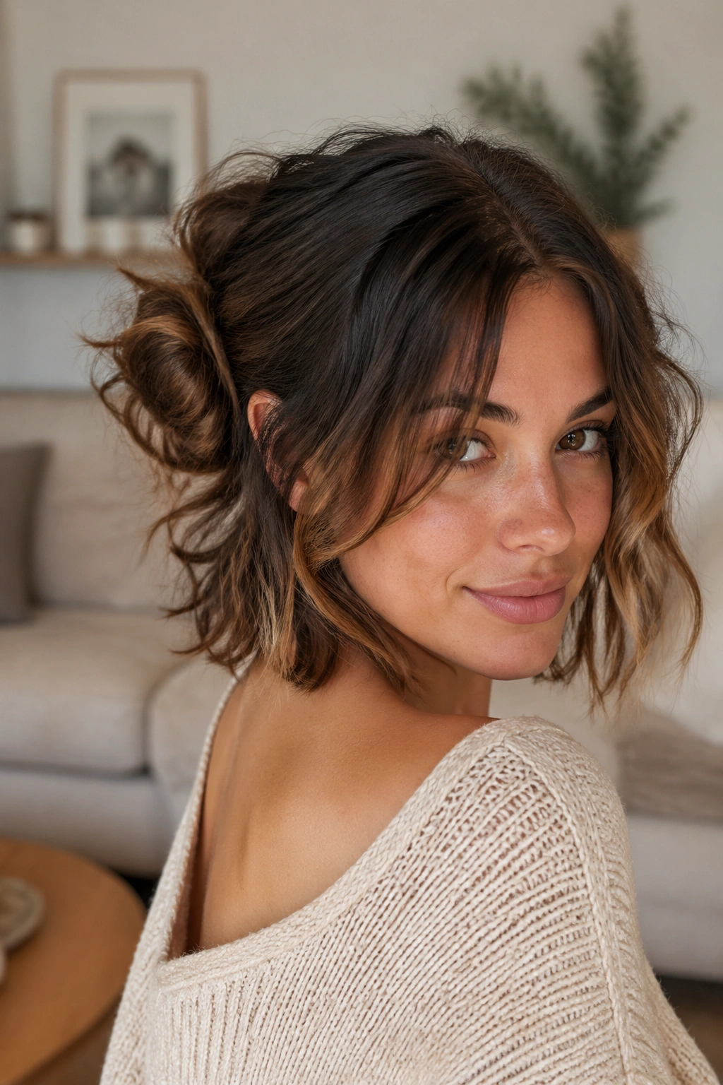 Close-up of real woman with two low messy space buns and shoulder-length waves