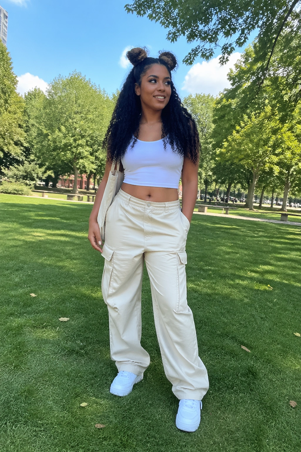 Hero shot of space buns with loose curls in a sunny park.