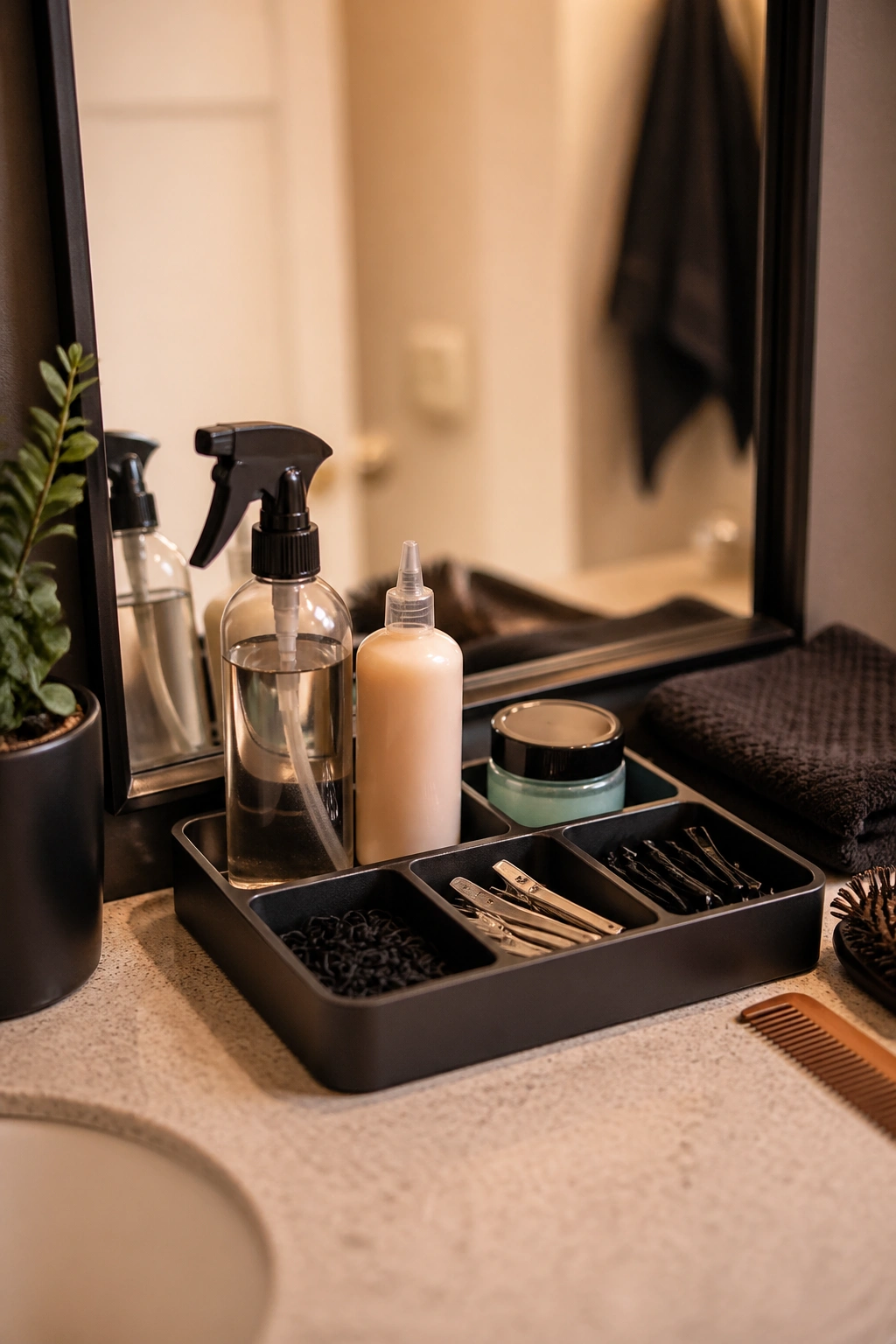 Close-up of a bathroom vanity with a stable mirror and tray of twist supplies