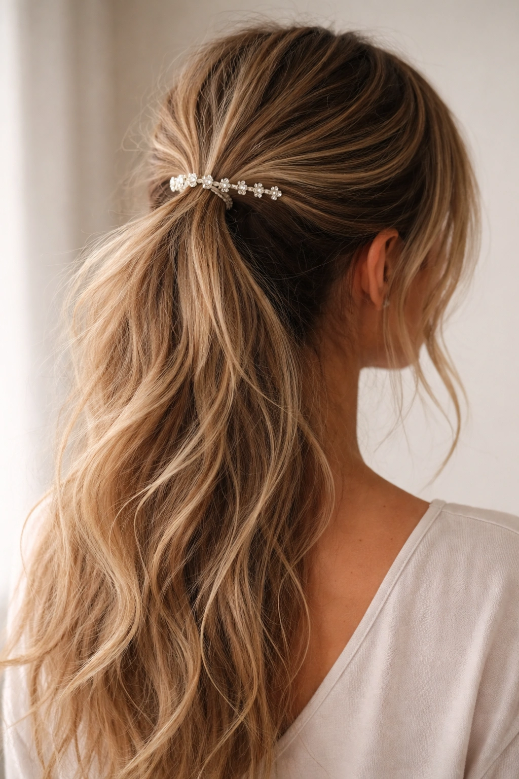Half up ponytail with subtle sparkle pins along the crown