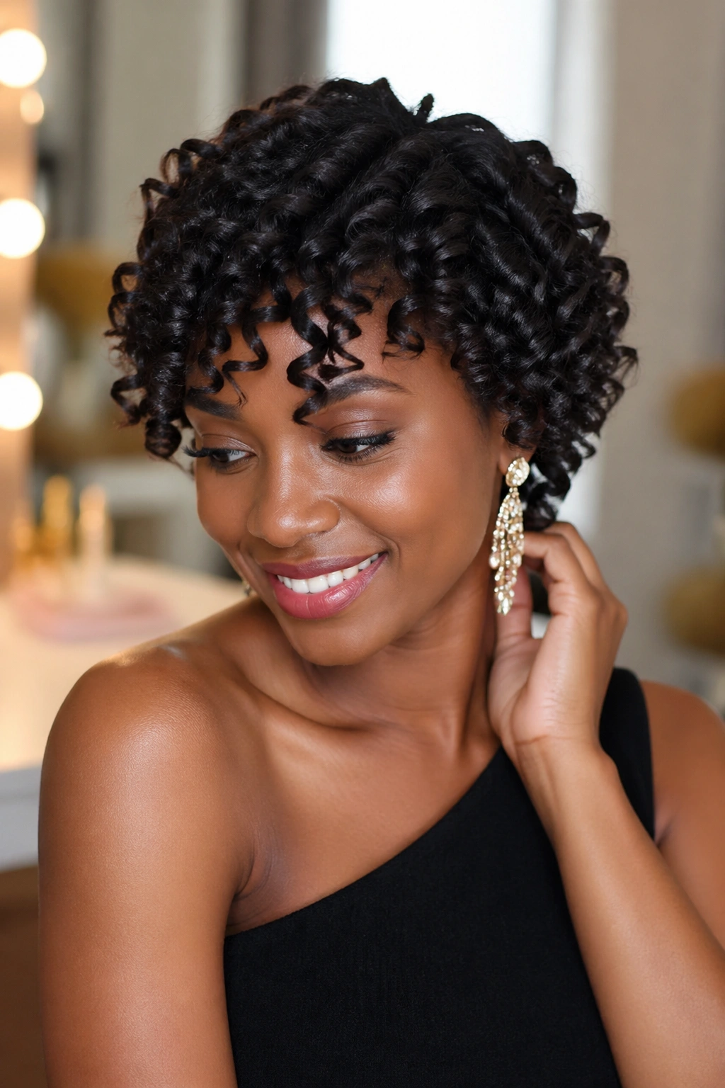 Portrait of a person with defined rod curls for a special occasion