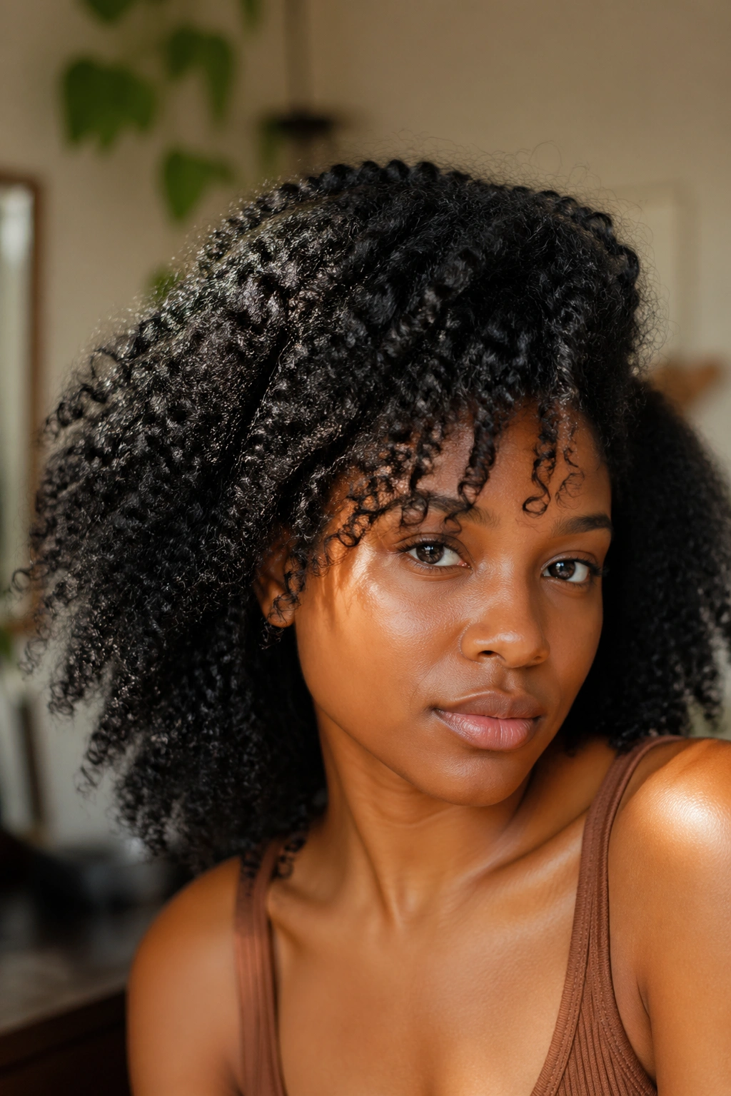 Close-up portrait of a Black woman showing natural hair textures and curls