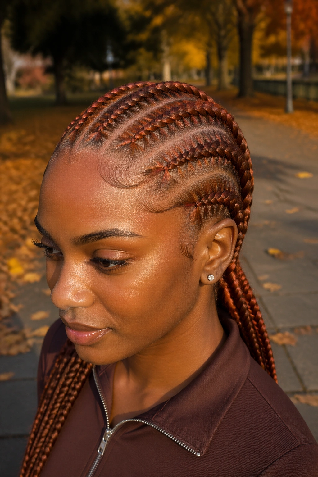 Portrait of a real woman with spiced ginger stitch cornrows showing textured braids in autumn light