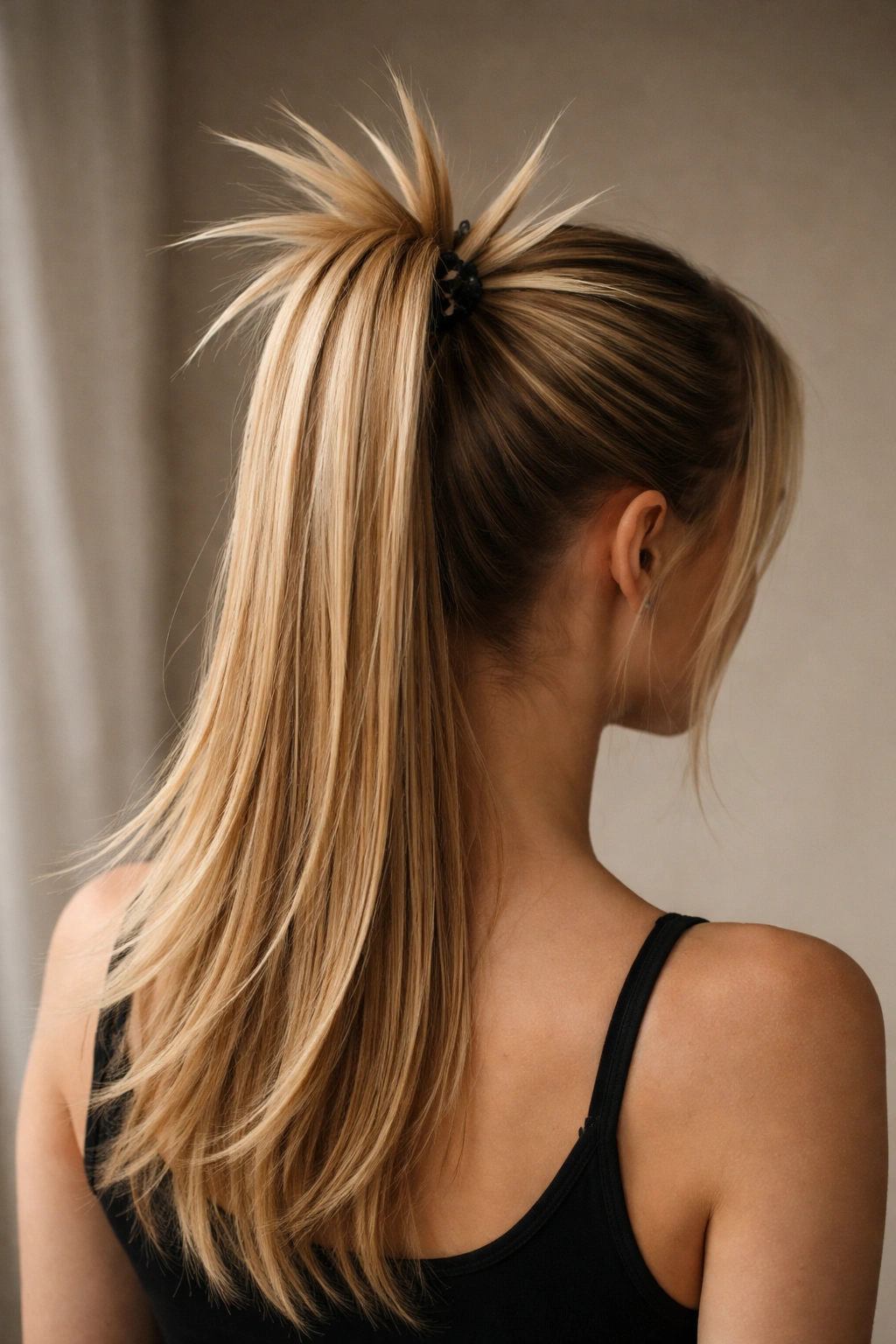 Half-up ponytail with spiked ends protruding from the elastic.