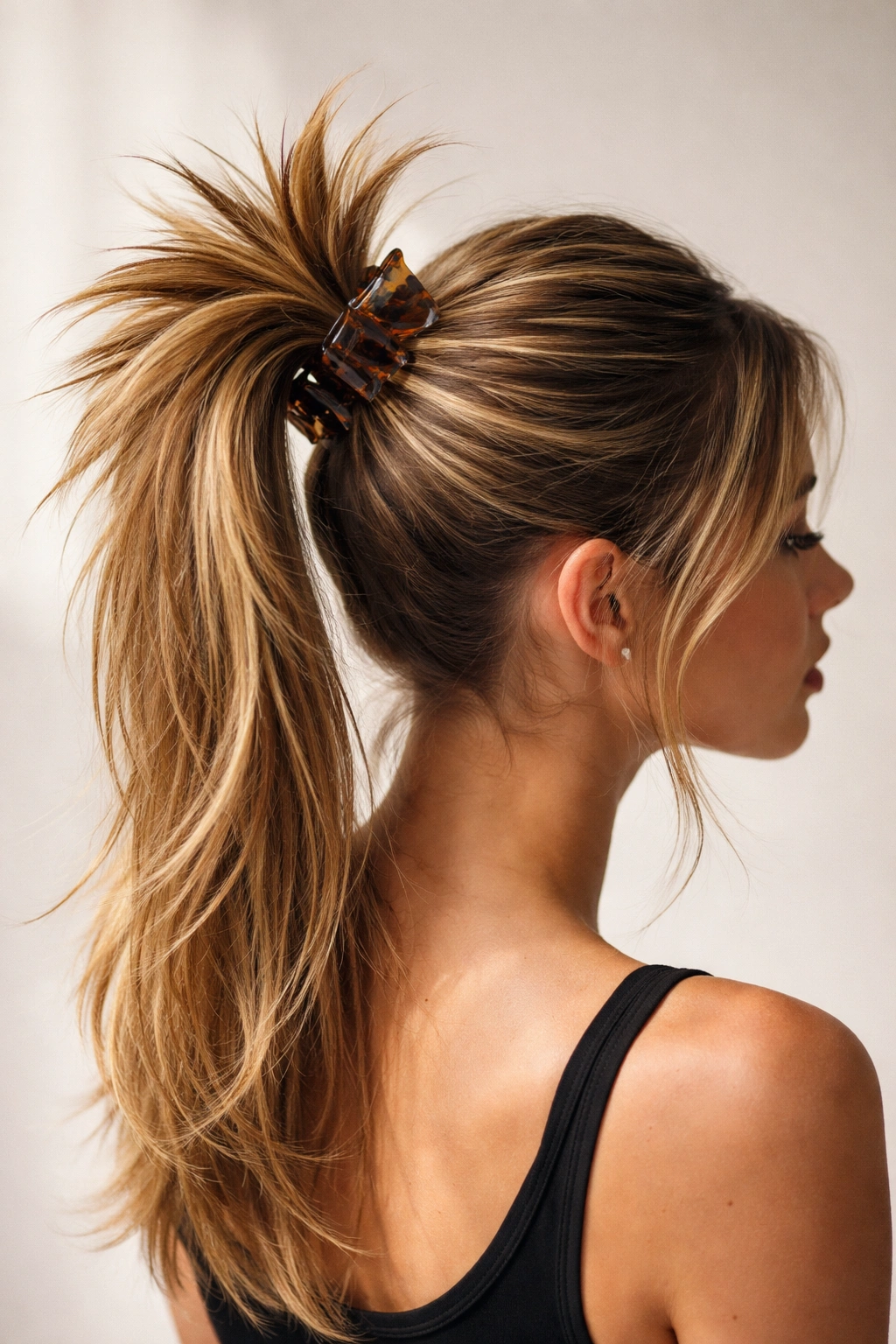 High ponytail with spiked ends protruding from the clip, 90s style, glossy texture